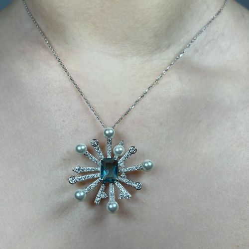 Collana con perle zirconi e pietra color acqua marina