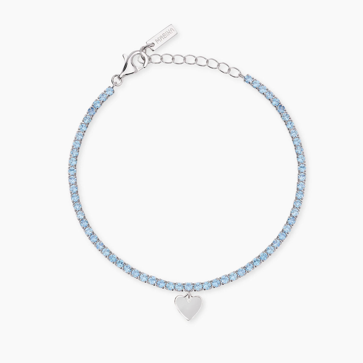 Bracciale tennis con acquamarina sintetica e ciondolo cuore