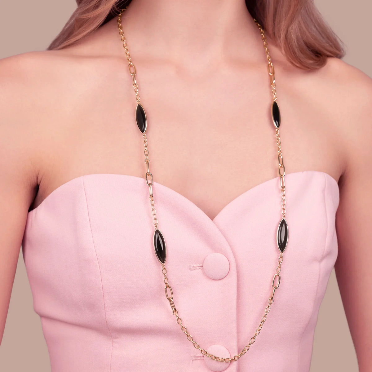 Collana Lunga Maglie Alternate e Pietre Effetto Occhio di Gatto