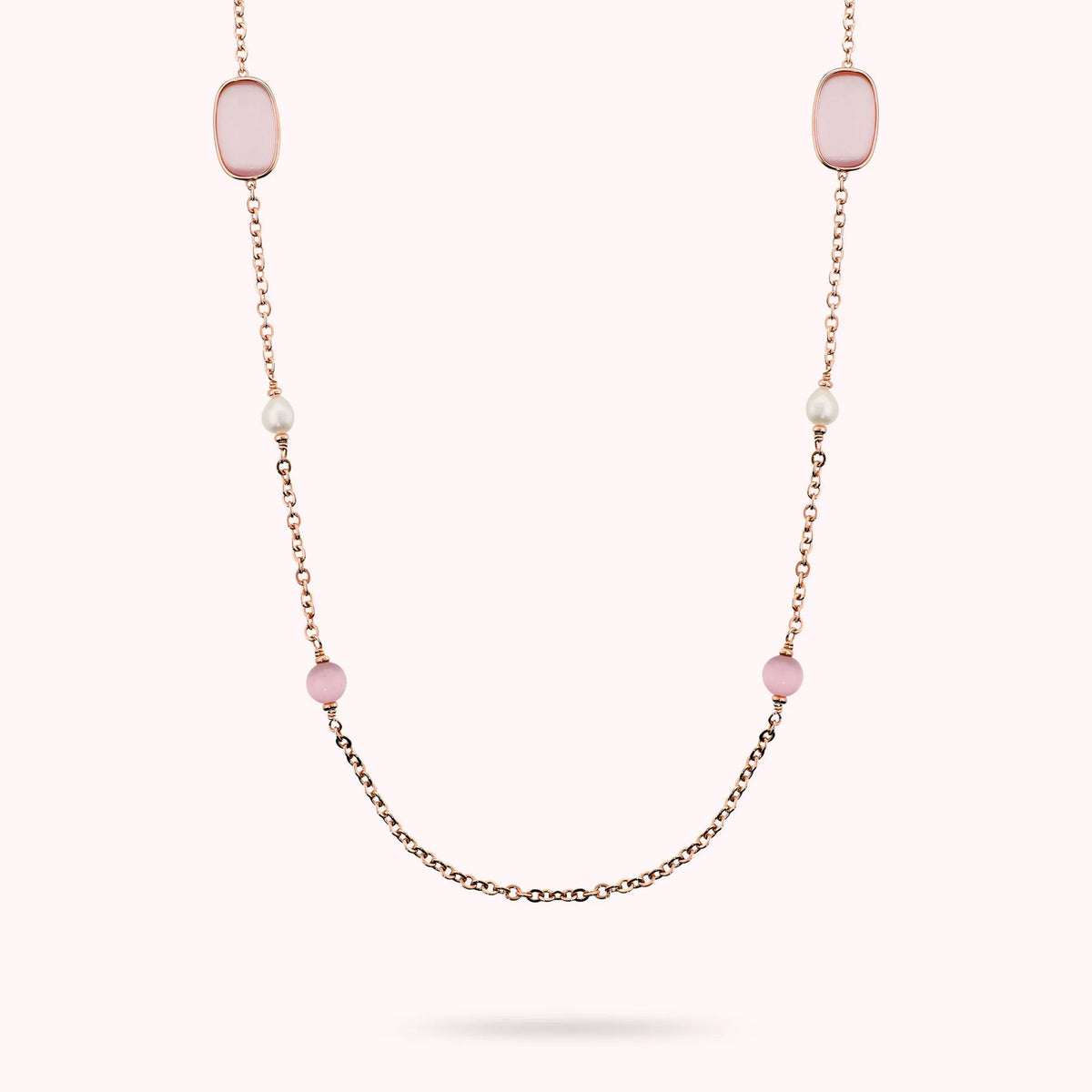 Collana Lunga con Pietre Effetto Occhio di Gatto e Perle d'Acqua Dolce