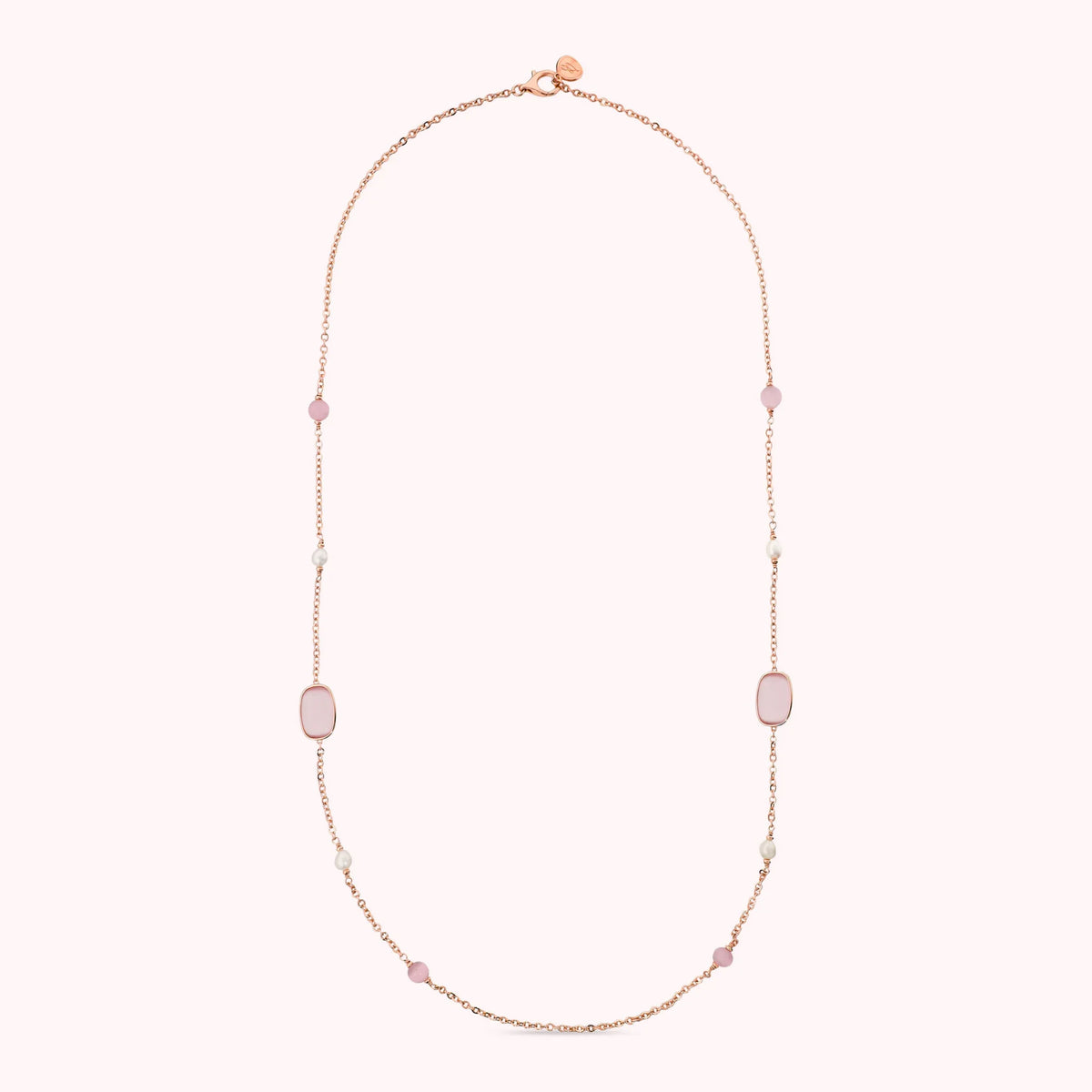Collana Lunga con Pietre Effetto Occhio di Gatto e Perle d'Acqua Dolce