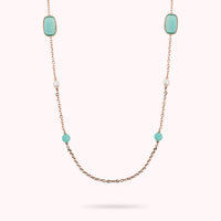 Collana Lunga con Pietre Effetto Occhio di Gatto e Perle d'Acqua Dolce