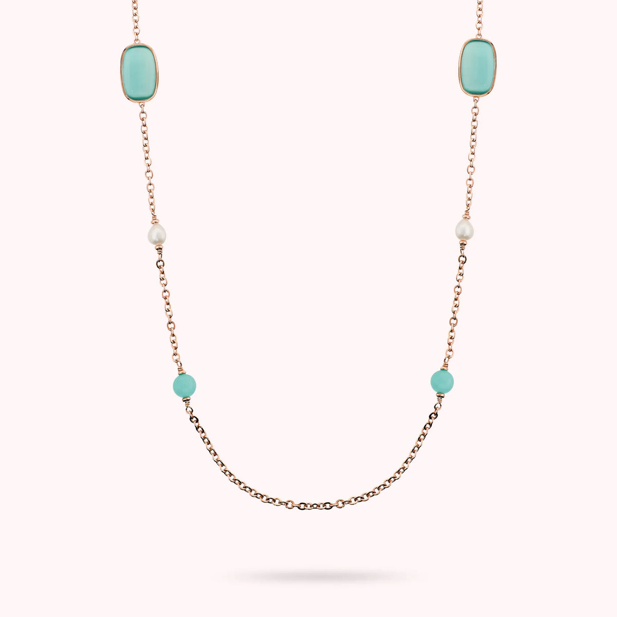 Collana Lunga con Pietre Effetto Occhio di Gatto e Perle d'Acqua Dolce