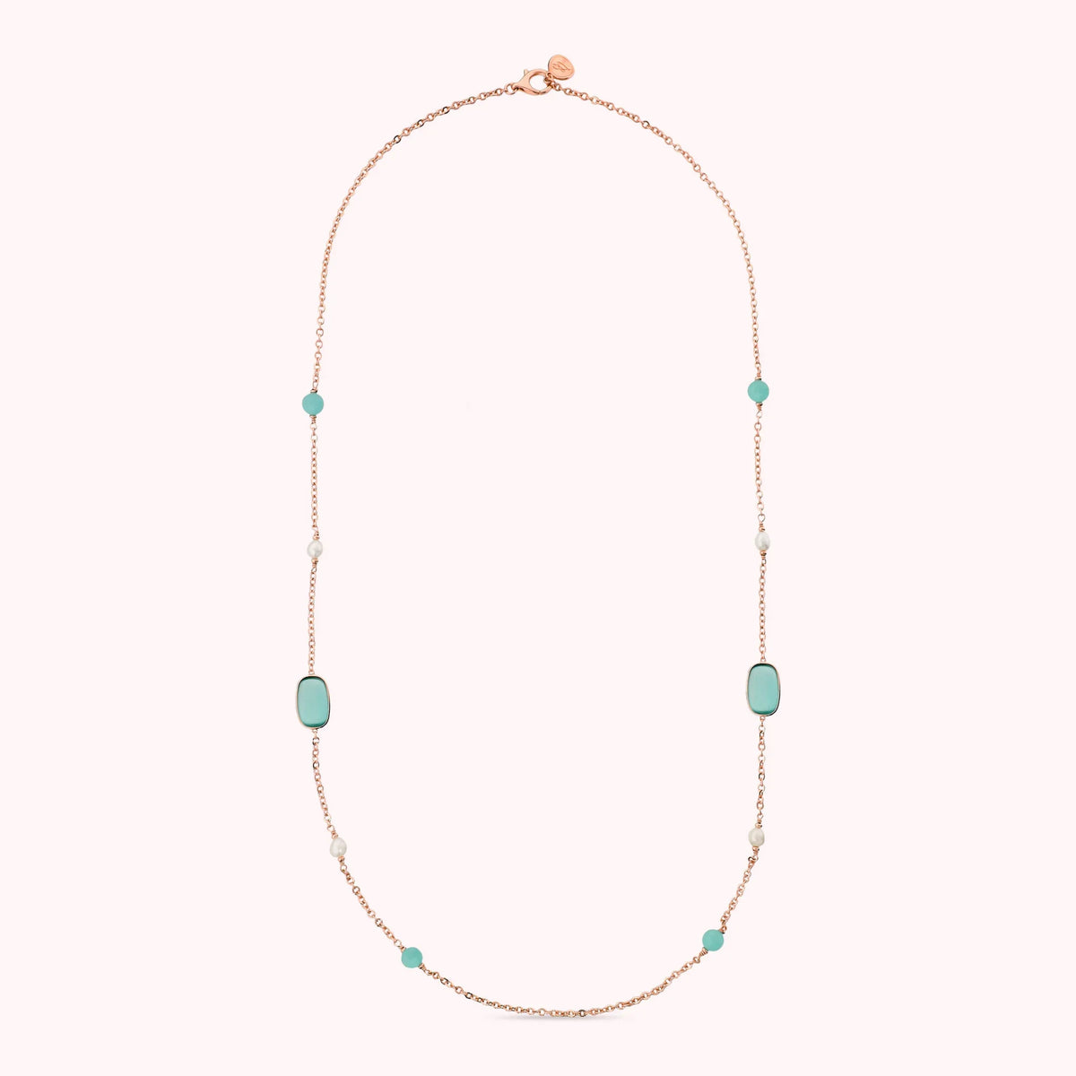 Collana Lunga con Pietre Effetto Occhio di Gatto e Perle d'Acqua Dolce